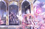  aether_sage_(elsword) aisha_(elsword) animal_ears bunny_ears elsword floating_island flower hat holding holding_wand long_hair magical_girl metamorphy_(elsword) multiple_girls multiple_persona open_mouth oz_sorcerer_(elsword) petals pinb pink_flower pink_hair purple_hair thighhighs tree twintails very_long_hair wand witch_hat 