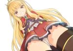  1girl blonde_hair cagliostro_(granblue_fantasy) deyuran female from_below granblue_fantasy grin long_hair panties pantyshot red_eyes simple_background solo underwear white_background 