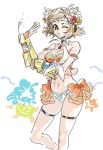  alternate_costume bikini blonde_hair breasts brown_eyes cleavage commentary flower hair_flower hair_ornament hanakuso headphones navel one_eye_closed ribbon senki_zesshou_symphogear senki_zesshou_symphogear_xd_unlimited short_hair sketch skindentation solo swimsuit symphogear_pendant tachibana_hibiki_(symphogear) thigh_strap thighs white_background 