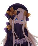 abigail_williams_(fate/grand_order) bangs black_bow black_dress black_hat blonde_hair blue_eyes blush bow covered_mouth dress fate/grand_order fate_(series) forehead hair_bow hands_up hat head_tilt long_hair long_sleeves looking_at_viewer orange_bow parted_bangs polka_dot polka_dot_bow shinonome_ryuu simple_background sleeves_past_fingers sleeves_past_wrists solo upper_body very_long_hair white_background 