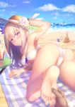  2girls absurdres arm_behind_head armpits ass barefoot beach beach_towel bikini blonde_hair blush breasts cloud commentary_request day drink drinking_straw feet foot_hold foreshortening from_behind hand_on_headwear hat highres holding_another's_foot large_breasts lexington_(zhan_jian_shao_nyu) long_hair looking_at_viewer looking_back lying multiple_girls on_stomach outdoors partially_visible_vulva pov pov_feet purple_eyes ray_(pixiv9514208) sand_castle sand_sculpture shark sky smile soles solo_focus summer sun_hat swimsuit toes towel underboob white_bikini zhan_jian_shao_nyu 