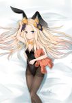 abigail_williams_(fate/grand_order) absurdres animal_ears arm_up bangs bare_arms barefoot bed_sheet black_bow black_legwear blonde_hair blue_eyes blush bow bowtie breasts bunny_ears bunny_girl bunnysuit commentary covered_navel dated detached_collar eyebrows_visible_through_hair fate/grand_order fate_(series) forehead hair_bow highres long_hair lying object_hug on_back orange_bow orange_neckwear pantyhose parted_bangs parted_lips polka_dot polka_dot_bow signature small_breasts solo stuffed_animal stuffed_toy teddy_bear thighband_pantyhose very_long_hair white_collar yukineko1018 