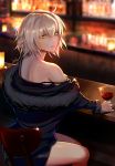  ahoge alcohol bangs bar black_dress blue_coat collarbone commentary cup dress drinking_glass english_commentary eyebrows_visible_through_hair fate/grand_order fate_(series) fur-trimmed_sleeves fur_collar fur_trim grey_hair hair_between_eyes highres jeanne_d'arc_(alter)_(fate) jeanne_d'arc_(fate)_(all) looking_at_viewer multicolored multicolored_background open_mouth sad seat solo strap_slip wine wine_glass x-kulon yellow_eyes 