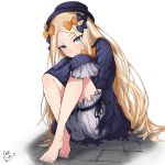  abigail_williams_(fate/grand_order) bangs barefoot black_bow black_dress black_hat blonde_hair bloomers blue_eyes bow bug butterfly commentary_request dress eyebrows_visible_through_hair fate/grand_order fate_(series) forehead grey_bloomers hair_bow hand_on_own_knee hat head_tilt highres insect long_hair long_sleeves looking_at_viewer orange_bow parted_bangs parted_lips polka_dot polka_dot_bow shitamichi signature sitting sleeves_past_fingers sleeves_past_wrists solo toenails underwear very_long_hair white_background 