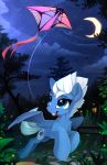  2018 blue_eyes blue_feathers cloud crescent_moon cute cutie_mark detailed_background equine eyebrows eyelashes feathered_wings feathers female fence feral firefly friendship_is_magic grass grin hair hi_res hooves kite mammal moon mouth_hold my_little_pony night night_glider_(mlp) nude outside pegasus portrait running short_hair sky smile solo spread_wings teeth tree white_hair wings yakovlev-vad 