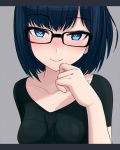  blue_eyes blue_hair blush breasts closed_mouth collarbone eyebrows_visible_through_hair glasses heart heart-shaped_pupils iwahana looking_at_viewer medium_breasts short_hair smile solo symbol-shaped_pupils tokino_sora_channel upper_body yuujin_a_(tokino_sora_channel) 