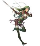  armor belt boots breastplate cross-laced_footwear cuboon dress elbow_gloves fire_emblem fire_emblem:_monshou_no_nazo fire_emblem_heroes full_body gloves green_eyes green_footwear green_hair green_legwear headband highres holding holding_weapon lace-up_boots long_hair official_art pantyhose paola short_dress shoulder_pads solo sword thigh_boots thighhighs transparent_background weapon 