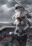  bad_id bad_pixiv_id black_gloves black_legwear black_skirt blonde_hair capelet cnm commentary flight_deck gloves graf_zeppelin_(kantai_collection) hair_between_eyes hat highres jacket kantai_collection long_hair long_sleeves machinery military_hat ocean pantyhose peaked_cap pleated_skirt purple_eyes serious sidelocks skirt solo twintails white_jacket 