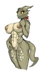  abs anthro athletics big_breasts black_sclera breasts female horn inverted_nipples kobold muscular navel nipples nisetanaka non-mammal_breasts nude pussy scalie simple_background solo white_background yellow_eyes 