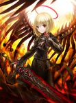  adapted_costume blonde_hair commentary_request darkness ex-rumia expressionless fire halo highres holding holding_sword holding_weapon jacket red_eyes rumia short_hair spark621 sword touhou weapon wings 