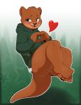  &lt;3 2018 abstract_background anthro bottomless brown_fur brown_hair butt cewljoke clothed clothing feet fur green_eyes hair hand_gesture hoodie mammal mustelid otter partially_clothed seasalt_(seniorseasalt) signature solo star thick_thighs 