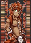  anthro clothed clothing digimon fangs flamemon green_eyes male nipples solo tattoo topless ventkazemaru 