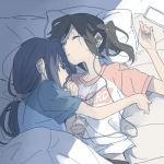  black_hair brown_hair commentary earphones hibike!_euphonium kasaki_nozomi long_hair multiple_girls ponytail raglan_sleeves ree_(re-19) shared_earphones shirt short_ponytail sleeping t-shirt yoroizuka_mizore yuri 