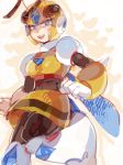  1girl android antennae blue_eyes breasts brwhite_gloves female gloves helmet holding_food honey_woman insect_wings leg_up looking_to_the_side medium_breasts open_mouth patterned_background rockman rockman_(classic) skirt smile solo teeth uu white_gloves wings 