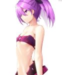  absurdres aisha_(elsword) arm_at_side bare_shoulders breasts commentary_request dobunezumi elsword from_side hair_between_eyes highres medium_hair navel partial_commentary profile purple_eyes purple_hair simple_background small_breasts solo strapless tubetop twintails void_princess_(elsword) white_background 