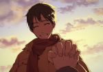  ^_^ black_hair close-up closed_eyes cloud cloudy_sky coat commentary_request day eyebrows_visible_through_hair face facing_viewer fingernails hands hands_together happy holding_hands iko_(icomochi) interlocked_fingers katsuki_yuuri male_focus out_of_frame outdoors pov pov_hands scarf short_hair sky smile solo_focus sunlight upper_body winter_clothes yuri!!!_on_ice 