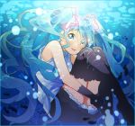  air_bubble bare_arms blue_eyes blue_hair blush bubble earrings fish floating_hair gloves happy hatsune_miku highres jewelry long_hair looking_at_viewer open_mouth shirt skirt sleeveless sleeveless_shirt smile solo sparkle star star_earrings sunlight thighhighs twintails underwater vocaloid water white_shirt yuya_kyoro 