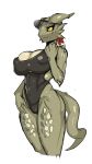  abs anthro athletics big_breasts black_sclera breasts camel_toe cleavage clothed clothing female horn kobold muscular nipple_bulge nisetanaka non-mammal_breasts one-piece_swimsuit scalie simple_background solo swimsuit visor white_background yellow_eyes 