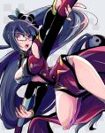  1girl bare_shoulders black_hair blazblue breasts china_dress chinese_clothes cleavage cleavage_cutout female glasses hair_ornament litchi_faye_ling ponytail purple_eyes side_ponytail solo very_long_hair 