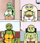  2018 anthro big_breasts blue_eyes blue_nails blush bottle breasts cellphone chair chipped_shell cleavage clothed clothing clothing_lift colored_nails crossgender donatello_(tmnt) eyeshadow female freckles green_eyes group holding_object holding_phone huge_breasts inkyfrog leonardo_(tmnt) lipstick looking_at_viewer makeup michelangelo_(tmnt) midriff non-mammal_breasts phone raphael_(tmnt) red_eyes red_nails reptile scalie selfie shell shirt shirt_lift sitting standing tank_top teenage_mutant_ninja_turtles turtle 
