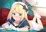  ass blonde_hair blue_eyes blue_sailor_collar blush bobby_socks commentary_request couch crayon d: dress gintarou_(kurousagi108) gloves hat jervis_(kantai_collection) kantai_collection light_blush long_hair looking_at_viewer lying no_shoes nose_blush on_stomach open_mouth sailor_collar sailor_dress sailor_hat short_sleeves socks solo tanabata tanzaku white_dress white_gloves white_hat white_legwear 