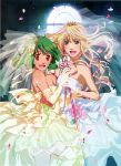  absurdres blonde_hair blue_eyes crown dress earrings ebata_risa elbow_gloves gloves green_hair highres jewelry macross macross_frontier microphone multiple_girls necklace official_art petals ranka_lee sheryl_nome short_hair single_earring vintage_microphone wedding_dress 