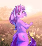  2018 alternate_hairstyle anthro big_breasts blush breasts butt cutie_mark equine eyebrows eyelashes female field floppy_ears flower friendship_is_magic hair hi_res horn looking_at_viewer looking_back mammal meadow multicolored_hair my_little_pony nude open_mouth plant portrait purple_eyes purple_hair rear_view side_boob signature sky solo standing starlight_glimmer_(mlp) thick_thighs three-quarter_portrait tongue tree two_tone_hair unicorn woofmaple 