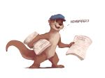  english_text hat lowergold mammal mustelid newspaper otter semi-anthro simple_background solo text white_background 