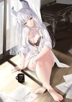  218 animal_ears arm_support black_bra blue_eyes bra breasts cleavage closed_mouth coffee_mug commentary_request cup curtains drawing erune feet fingernails granblue_fantasy head_tilt indoors korwa large_breasts long_hair long_sleeves looking_at_viewer mug on_floor paper partially_unbuttoned shirt silver_hair sitting sleeves_folded_up smile solo transparent underwear vanity_table very_long_hair white_shirt window wooden_floor 