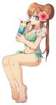  ankea_(a-ramo-do) bangs bare_legs barefoot bikini blue_bikini blue_eyes breasts brown_hair cherry closed_mouth commentary cup double_bun drink drinking_glass drinking_straw feet flower food fruit full_body hair_between_eyes hair_flower hair_ornament long_hair looking_at_viewer mei_(pokemon) midriff navel open_clothes open_shirt pokemon pokemon_(game) pokemon_bw2 puffy_sleeves shirt simple_background sitting smile smiley_face soles solo swimsuit toes white_background white_shirt 