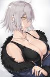  ahoge bare_shoulders black_dress black_jacket breasts cleavage collarbone crossed_arms dress eyebrows_visible_through_hair eyes_visible_through_hair fate/grand_order fate_(series) from_side fur_trim hair_between_eyes half-closed_eyes highres impossible_clothes jacket jeanne_d'arc_(alter)_(fate) jeanne_d'arc_(fate)_(all) jewelry kyouki large_breasts looking_away open_clothes open_jacket parted_lips pendant short_hair silver_hair simple_background sleeveless sleeveless_dress solo upper_body wicked_dragon_witch_ver._shinjuku_1999 yellow_eyes 