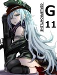  absurdres ankle_boots assault_rifle bangs blush boots brown_eyes character_name coat commentary drooling g11 g11_(girls_frontline) girls_frontline green_coat green_hat grey_shirt gun hair_between_eyes half-closed_eyes hat heckler_&amp;_koch highres holding holding_gun holding_weapon kamatama knee_pads long_hair looking_at_viewer messy_hair off_shoulder open_clothes open_coat open_mouth rifle scarf scarf_on_head seiza shirt shorts shoulder_cutout sidelocks silver_hair sitting solo very_long_hair weapon 