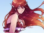  ana_rui artist_name bare_shoulders breasts commentary english_commentary fire_emblem fire_emblem:_kakusei fire_emblem_heroes frills hair_lift highres long_hair looking_at_viewer pointy_ears red_eyes red_hair smile solo tiamo 