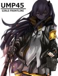  absurdres armband bangs black_gloves black_ribbon brown_eyes brown_hair character_name commentary fingerless_gloves floating_hair girls_frontline gloves gun h&amp;k_ump h&amp;k_ump45 hair_between_eyes hair_ornament heckler_&amp;_koch highres holding holding_gun holding_weapon hood hood_down hooded_jacket jacket kamatama long_hair looking_at_viewer neck_ribbon one_side_up open_clothes open_jacket pantyhose pleated_skirt ribbon scar scar_across_eye scarf shaded_face skirt smile submachine_gun twintails ump45_(girls_frontline) weapon 