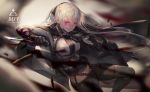  ak-12 ak-12_(girls_frontline) assault_rifle bangs black_gloves black_ribbon braid breasts character_name choseon cloak combat_knife commentary eyebrows_visible_through_hair floating_hair french_braid girls_frontline gloves glowing glowing_eyes gun hair_between_eyes holding holding_gun holding_knife holding_weapon jacket knife long_hair long_sleeves looking_at_viewer md5_mismatch medium_breasts midriff pants purple_eyes ribbon rifle shell_casing sidelocks silver_hair solo strap very_long_hair weapon 
