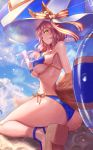  absurdres animal_ears ass ball beachball bikini bird blue_bikini blue_sky breasts closed_mouth cloud covered_nipples eyebrows_visible_through_hair fang fate/grand_order fate_(series) food fox_ears fox_tail hat hat_ribbon hayataku1234 highres horizontal_stripes looking_at_viewer parasol pink_hair popsicle ribbon sand short_hair side-tie_bikini sky smile solo striped striped_ribbon swimsuit tail tamamo_(fate)_(all) tamamo_no_mae_(swimsuit_lancer)_(fate) umbrella white_hat yellow_eyes 