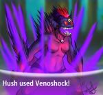  anthro attack aura big_ears clothed clothing ear_piercing facial_piercing fangs female fur gengar glowing glowing_eyes hair hush jewelry kitterjitters lip_piercing mega_evolution mega_gengar mega_stone mohawk necklace nintendo nose_piercing panties piercing poison pok&eacute;mon pok&eacute;mon_(species) purple_fur purple_hair red_eyes red_hair septum_piercing solo spiked_fur teeth text third_eye topless underwear venom video_games 