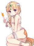  ass bangle bangs bare_arms bare_shoulders barefoot blonde_hair blunt_bangs blush bracelet braid commentary_request dragon_quest dragon_quest_xi eyebrows_visible_through_hair feet_out_of_frame fingernails fire hand_up headpiece index_finger_raised jewelry long_hair looking_at_viewer low_twintails navel parted_lips purple_eyes ruriwo_(ruri_wo) simple_background solo twin_braids twintails veronica_(dq11) white_background 