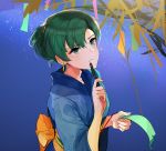  closed_mouth commentary_request earrings festival fire_emblem fire_emblem:_rekka_no_ken fire_emblem_heroes green_eyes green_hair hair_between_eyes hair_up highres japanese_clothes jewelry kimono looking_up lyndis_(fire_emblem) obi omikuji ormille pen ponytail sash shrine tanabata yukata 