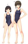  absurdres age_difference barefoot black_eyes black_hair black_swimsuit breasts character_age competition_swimsuit flat_chest full_body groin hand_on_hip height_difference highres looking_at_viewer multiple_girls one-piece_swimsuit original short_hair simple_background small_breasts standing swimsuit takafumi twintails white_background 