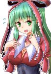 alternate_hairstyle blush breasts choker cleavage collarbone commentary_request cross-laced_clothes eyebrows_visible_through_hair frilled_choker frilled_ribbon frills green_eyes green_hair hair_ribbon highres kagiyama_hina large_breasts looking_at_viewer open_mouth oshiaki ponytail ribbon sweatdrop touhou underbust 
