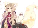  animal_ears arm_up bangs black_jacket brown_eyes commentary_request contemporary energy eyebrows_visible_through_hair fox_ears fox_girl fox_tail hand_up hood hood_down hoodie jacket light_brown_hair little_red_riding_hood_(sinoalice) long_hair looking_at_viewer open_clothes open_jacket open_mouth red_hoodie ruriwo_(ruri_wo) sinoalice sleeves_past_wrists solo tail very_long_hair white_background 