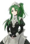  cecilia_(fire_emblem) commentary_request cosplay felicia_(fire_emblem_if) felicia_(fire_emblem_if)_(cosplay) fire_emblem fire_emblem:_fuuin_no_tsurugi fire_emblem_heroes fire_emblem_if gem green_eyes green_hair hraaat juliet_sleeves long_hair long_sleeves maid maid_headdress ponytail puffy_sleeves simple_background smile solo white_background 