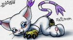  2017 anthro blue_eyes blush clothing digimon feline female fur gatomon gloves mammal masturbation milesnukem open_mouth simple_background smile solo whiskers white_fur 