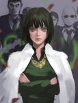 bangs black_dress black_hair closed_eyes commentary crossed_arms doodle dress english_commentary formal fubuki_(one-punch_man) fur_coat green_dress green_eyes highres jacket_on_shoulders jewelry looking_at_viewer necklace necktie one-punch_man short_hair sketch standing suit sunglasses thaumazo 