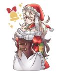  bare_shoulders bell breasts cleavage commentary_request corset cosplay detached_collar dress female_my_unit_(fire_emblem_if) fire_emblem fire_emblem:_kakusei fire_emblem_heroes fire_emblem_if fur_trim hat liz_(fire_emblem) liz_(fire_emblem)_(cosplay) long_hair long_sleeves maji_(majibomber) medium_breasts my_unit_(fire_emblem_if) one_eye_closed red_eyes santa_hat simple_background smile strapless strapless_dress white_background white_hair 