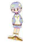  black_eyes blue_eyes blush blush_stickers brown_footwear child flat_chest full_body gen_7_pokemon grey_hair grey_jacket grey_shorts hair_ornament hairclip hands_in_pockets happy jacket long_sleeves looking_at_viewer mameeekueya multicolored multicolored_eyes personification poke_ball_theme pokemon shoes short_hair short_shorts shorts simple_background smile socks solo standing togedemaru white_background white_legwear zipper_pull_tab 