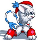  anus ass_up blue_eyes butt clothing digimon feline female fur gatomon gloves hair looking_at_viewer mammal milesnukem pussy simple_background smile solo tongue white_fur 