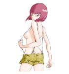  absurdres ass back bad_id bad_pixiv_id breasts brown_eyes butt_crack cowboy_shot from_behind highres looking_at_viewer looking_back medium_breasts nail_polish naked_suspenders original parted_lips pink_hair pink_nails shiny shiny_skin short_hair short_shorts shorts shoulder_blades sideboob simple_background solo suspender_shorts suspenders suspenders_pull topless twisted_torso yiteng_yijiao 