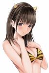  anegasaki_nene animal_print bangs blunt_bangs bra breasts brown_eyes brown_hair cleavage cosplay eyebrows_visible_through_hair horns long_hair looking_at_viewer love_plus lum lum_(cosplay) medium_breasts mole mole_under_eye nannacy7 parted_lips simple_background solo striped striped_bra tiger_print underboob underwear upper_body white_background 